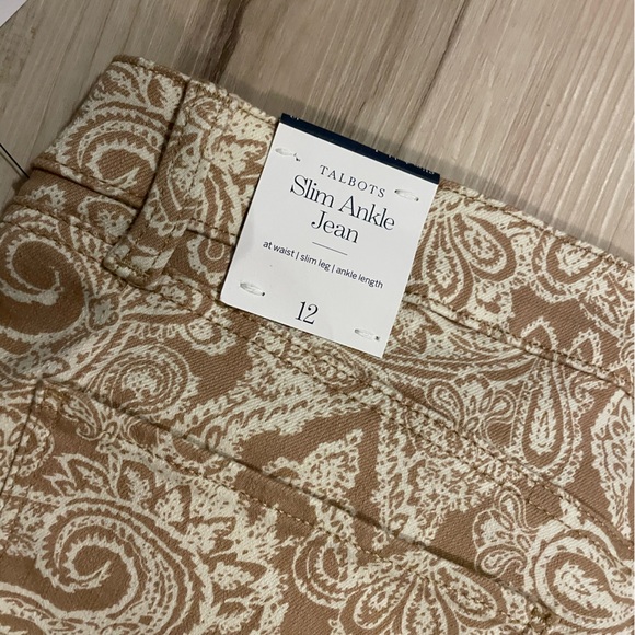 Talbots Slim Ankle Jeans Size 12 Star Paisley Tan White Stretch Slimming Preppy - Picture 7 of 11